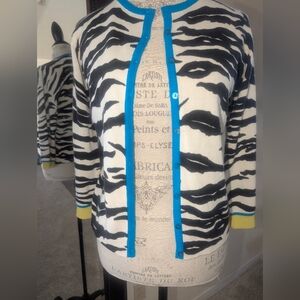 Zebra Print Cardigan with Blue Trim And Neon Yellow Size M